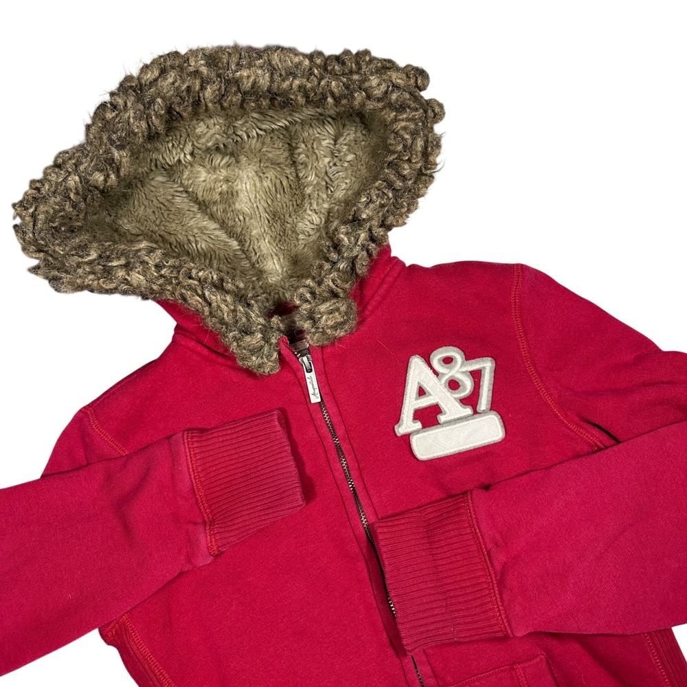 Y2K Aeropostale Red Faux Fur Trim Hooded Zip Up Sweatshirt Plaid Lined A87 S